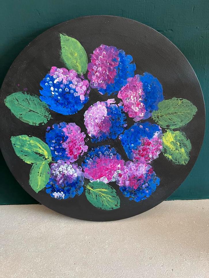 Hortensia Schilderij - Zwart, Rond, 30cm, Antiek en Kunst, Kunst | Schilderijen | Abstract, Ophalen of Verzenden
