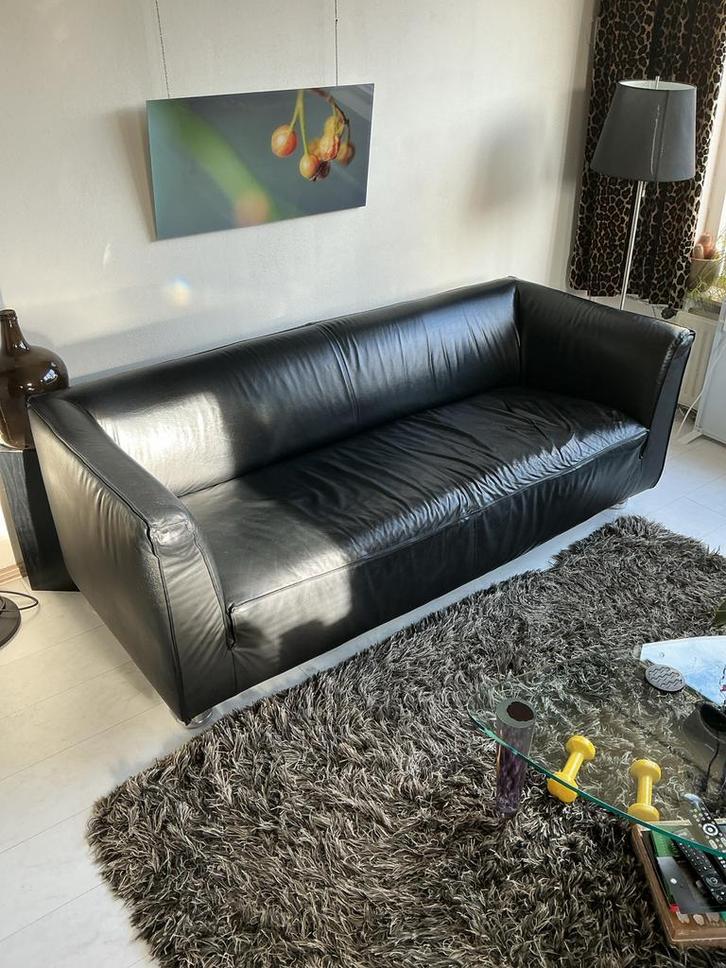 Gelderland 4800 2.5-zits bank zwart leder, Huis en Inrichting, Banken | Bankstellen, Gebruikt, Rechte bank, Driepersoons, 150 tot 200 cm