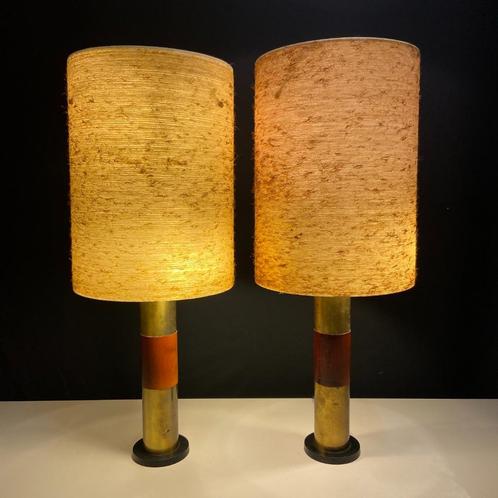 Vintage jaren 50 60 set grote messing en teak tafellampen, Huis en Inrichting, Lampen | Tafellampen, Gebruikt, 75 cm of meer, Hout