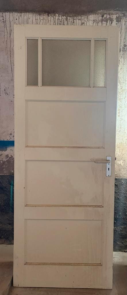 3x Oude grenen houten binnendeur met glas, Doe-het-zelf en Verbouw, Deuren en Horren, Gebruikt, Binnendeur, 200 tot 215 cm, 80 tot 100 cm