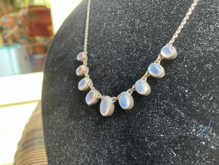 PRACHTIGE EDWARDIAN ANTIEK ZILVER COLLIER+9 MAANSTEENTJES, Sieraden, Tassen en Uiterlijk, Antieke sieraden, Ketting, Zilver, Met edelsteen