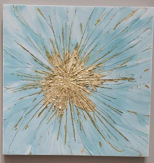 Schilderij met blauwe structuur en bladgoud – 50x50, Antiek en Kunst, Kunst | Schilderijen | Abstract, Ophalen