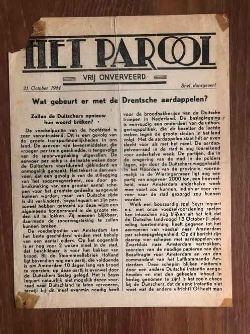1944 2x verzetskranten: Het Parool 21 Oct. Hongerwinter:, Boeken, Oorlog en Militair, Zo goed als nieuw, Ophalen of Verzenden