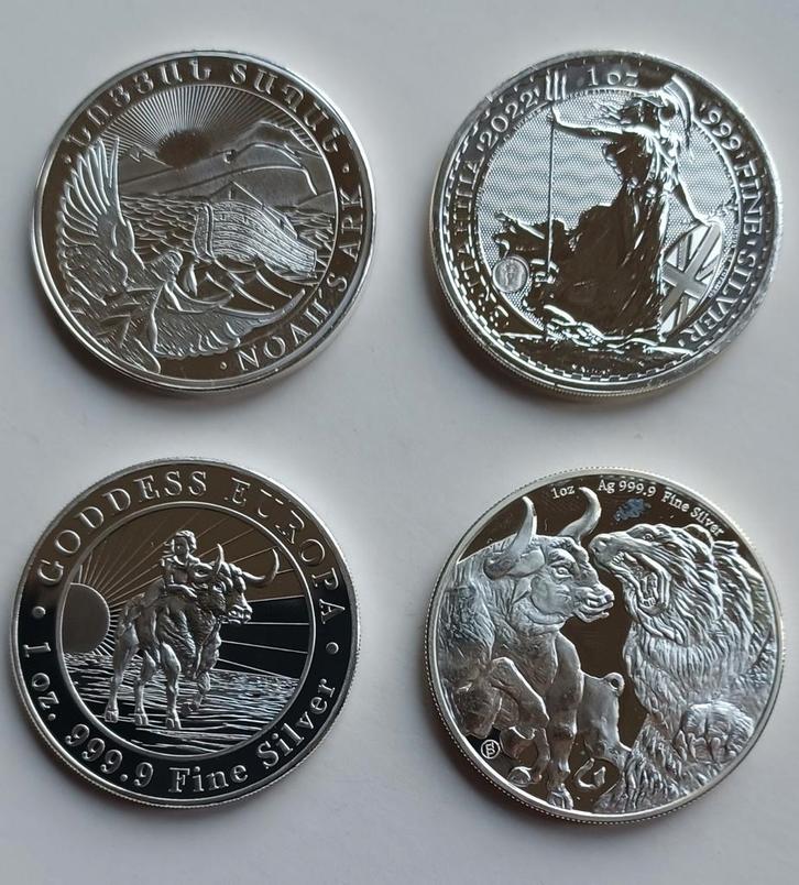 4 stuks 1 ounce zilveren munten, Postzegels en Munten, Edelmetalen en Baren, Zilver, Ophalen of Verzenden
