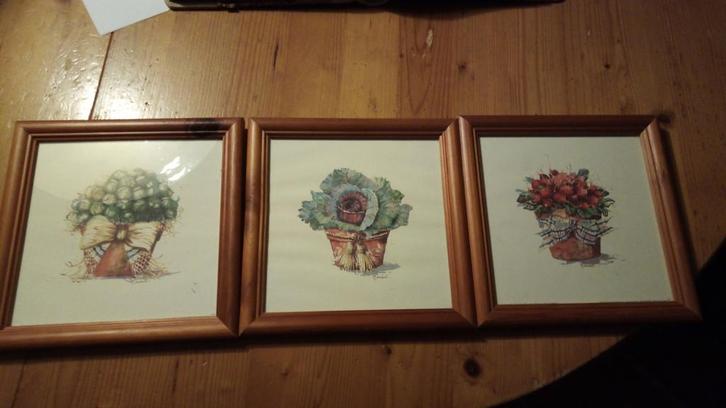 Set van 3 schilderijtjes met groente, 21x21 cm, Huis en Inrichting, Woonaccessoires | Schilderijen, Tekeningen en Foto's, Zo goed als nieuw