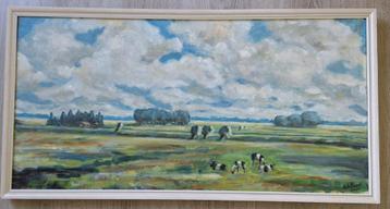 Olieverf schilderij van Cok Hees veld met koeien wolkenlucht beschikbaar voor biedingen