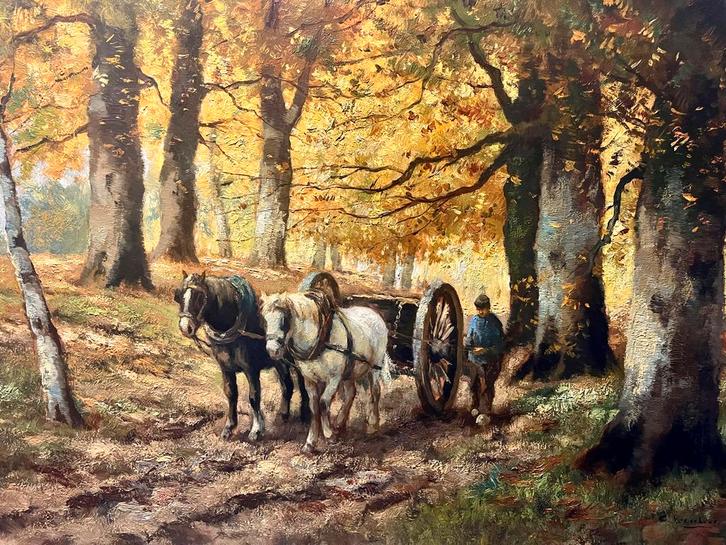 Schilderij: Paarden en kar in herfstbos van C.Verschuur, Antiek en Kunst, Kunst | Schilderijen | Klassiek, Ophalen of Verzenden