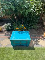Vintage turquoise bijzettafel – oosters houten tafeltje, Ophalen, Minder dan 45 cm, Gebruikt, 55 tot 75 cm