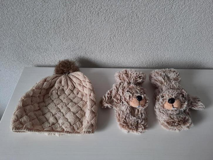 Beige Winterset Muts + Walrus Wantjes Maat 86-92-98, Kinderen en Baby's, Babykleding | Mutsen, Sjaals en Wanten, Gebruikt, Setje
