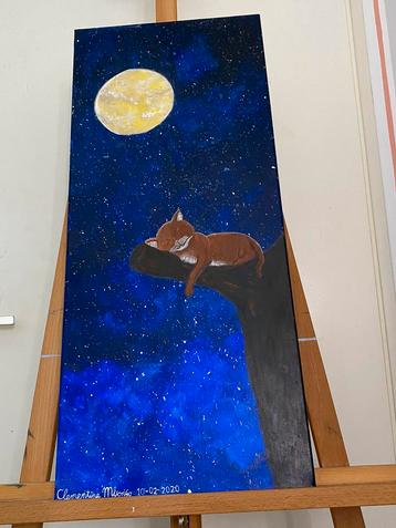 Slapende kat op tak – handgeschilderd in maanlicht 40x60 cm beschikbaar voor biedingen