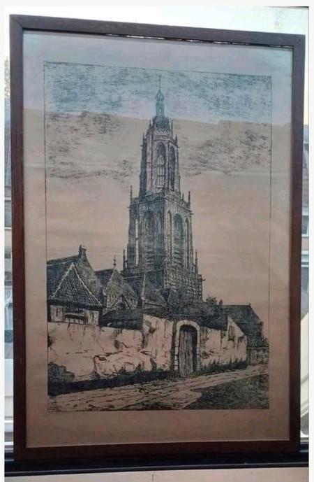 Ets – CUNERAKERK RHENEN - Gesigneerd & ingelijst, Antiek en Kunst, Kunst | Etsen en Gravures, Ophalen of Verzenden