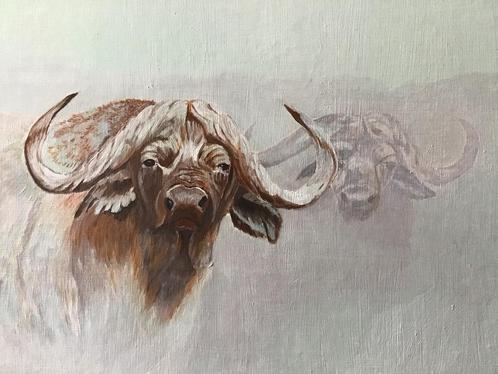 Buffels in de mist in acrylverf. 95x77 cm, Huis en Inrichting, Woonaccessoires | Wanddecoraties, Ophalen