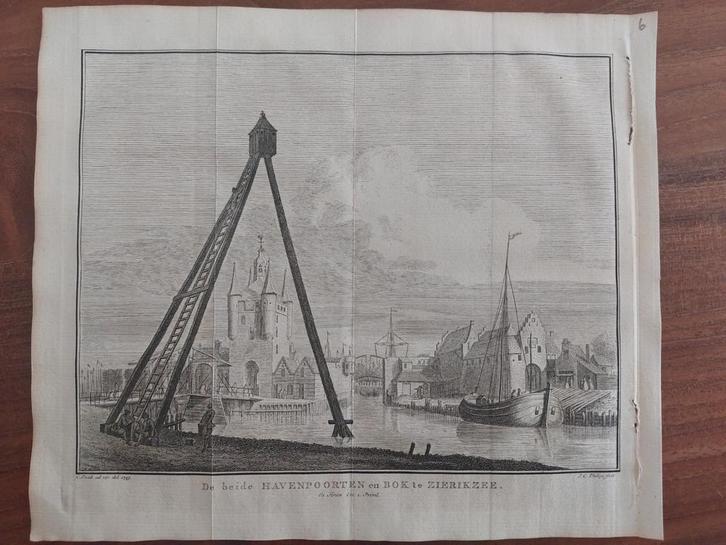 6 Havenpoorten en bok te Zierikzee - Orig. gravure +/- 1750, Antiek en Kunst, Kunst | Etsen en Gravures, Ophalen of Verzenden