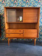 Vintage Wandkast met vitrine, klep en laden, Ophalen, Gebruikt, Teakhout, Minder dan 150 cm
