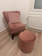 Roze fauteuil halmstad met poef en kussen, Ophalen, Zo goed als nieuw, 50 tot 75 cm, Stof