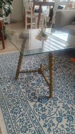 Glazen salontafel met houten poten, Huis en Inrichting, Tafels | Salontafels, Ophalen, 50 tot 100 cm, Vierkant, 50 tot 100 cm