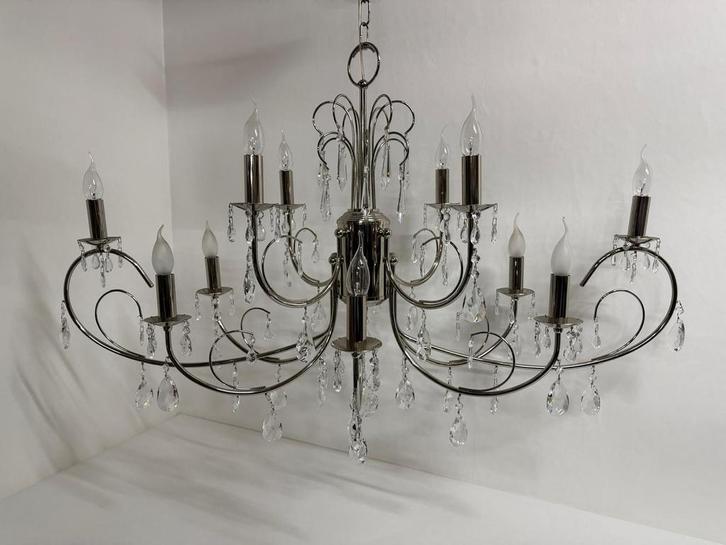 XXL ROBUSTO chromen kroonluchter met kristallen hangers, Huis en Inrichting, Lampen | Kroonluchters, Zo goed als nieuw, Glas, Metaal