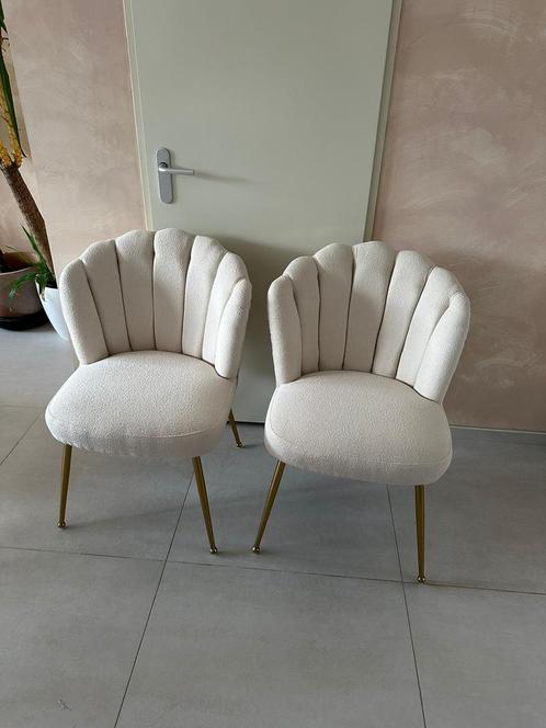 2x Schelp stoelen Teddy - Bouclé stof - creme beige - goud, Huis en Inrichting, Stoelen, Zo goed als nieuw, Twee, Stof, Overige kleuren
