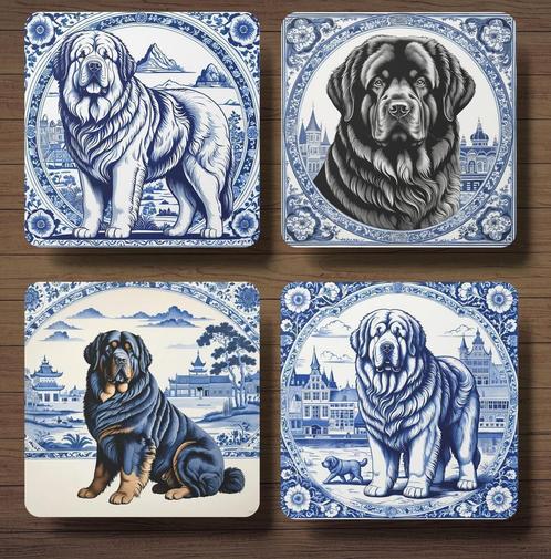 Tibetaanse Mastiff Delfts Blauw onderzetters met houder, Huis en Inrichting, Woonaccessoires | Onderzetters, Nieuw, Glas of Kopje