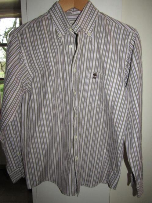 E1006 River Woods mt 14 (S) overhemd beige lila streep, Kleding | Heren, Overhemden, Zo goed als nieuw, Halswijdte 38 (S) of kleiner
