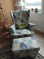 Fauteuil en bijpassende voetenbank met palmblad print, Huis en Inrichting, Ophalen, 75 tot 100 cm, Zo goed als nieuw, 50 tot 75 cm