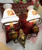 2 Arms wandlamp antiek wand lamp olie lampenkap glas bloem, Ophalen of Verzenden