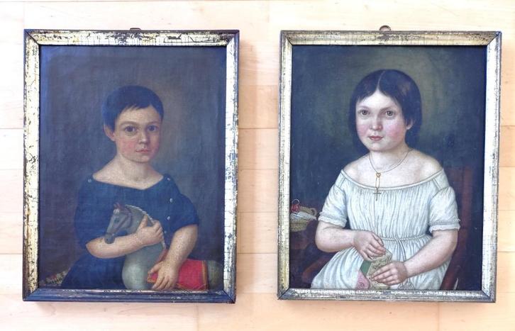 2 portretten van kinderen === c a 1840 ===pendant, Antiek en Kunst, Kunst | Schilderijen | Klassiek, Ophalen of Verzenden