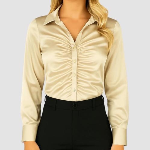 Uwantisell Satin Blouse Gesmokt Champagne, Kleding | Dames, Tops, Zo goed als nieuw, Maat 36 (S), Beige, Lange mouw, Verzenden