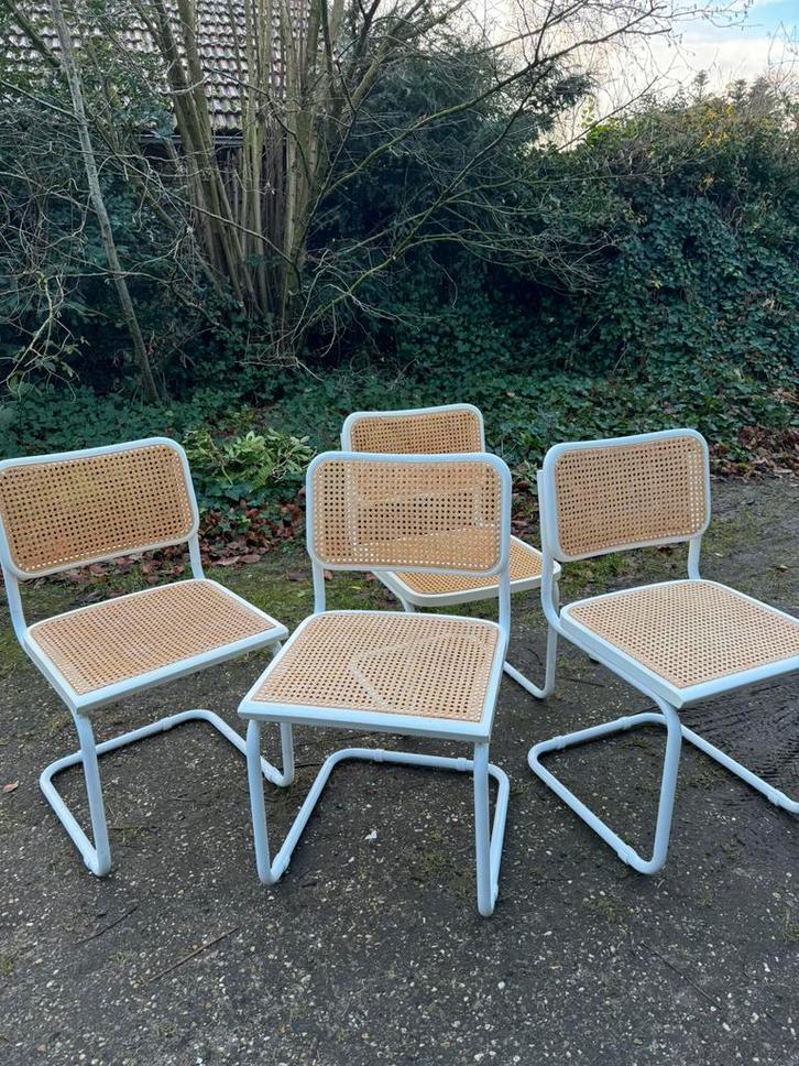 4 eetkamerstoelen (webbing/thonet stijl/model s32), Huis en Inrichting, Stoelen, Zo goed als nieuw, Vier, Metaal, Riet of Rotan