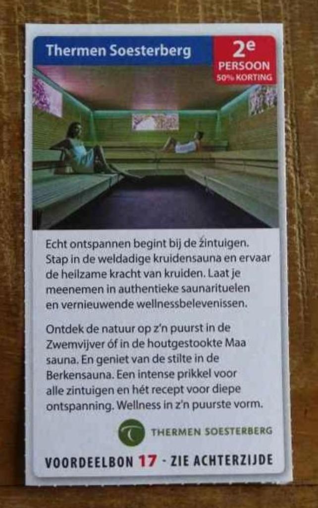 Thermen Soesterberg kortingsbon 2e persoon 50% korting, Tickets en Kaartjes, Kortingen en Cadeaubonnen, Twee personen, Spa of Sauna