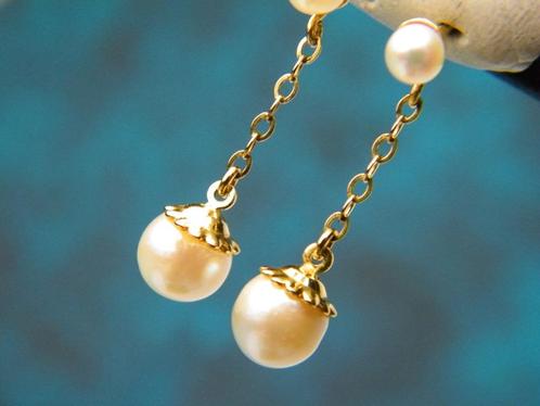 Oorbellen Akoya parels. Vintage zoutwater parel hangers, Sieraden, Tassen en Uiterlijk, Antieke sieraden, Oorbellen, Goud, Met edelsteen