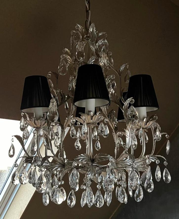 Kroonluchter met bladzilver en glazen pegels, Huis en Inrichting, Lampen | Kroonluchters, Zo goed als nieuw, Glas, Metaal, Ophalen