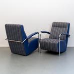 2x Leolux Scylla - Hoge Rug blauw/wit gestreepte stof, Huis en Inrichting, Fauteuils, Ophalen of Verzenden, Zo goed als nieuw