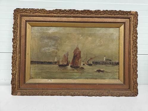 Antiek schilderij haven met zeilschepen, Antiek en Kunst, Kunst | Schilderijen | Klassiek, Ophalen