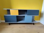 Grijs blauw geel dressoir met deurtjes en open vakken, Ophalen, Gebruikt, 25 tot 50 cm, 150 tot 200 cm