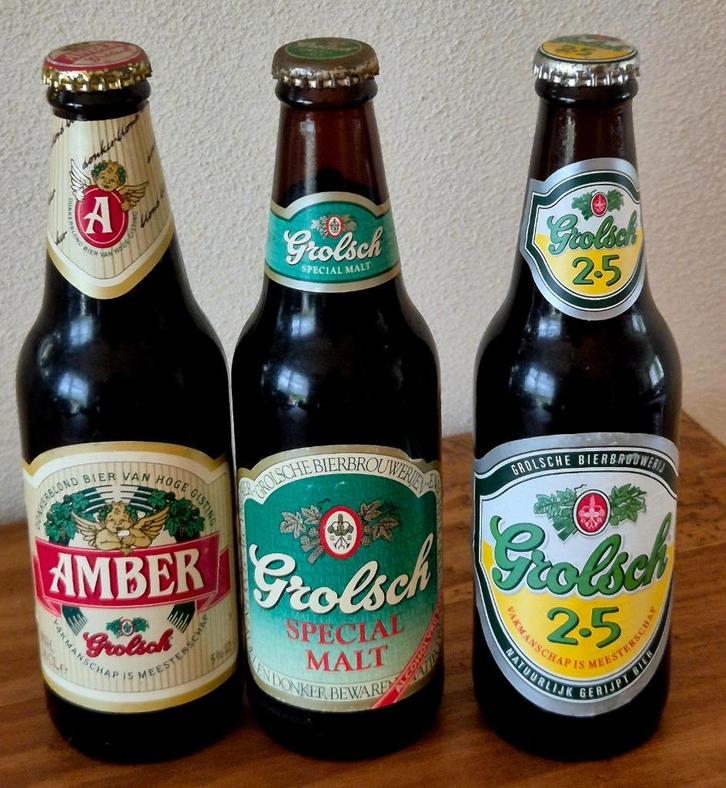 3 oude volle flessen bier van Grolsch collector's item, Verzamelen, Biermerken, Zo goed als nieuw, Flesje(s), Grolsch, Ophalen of Verzenden