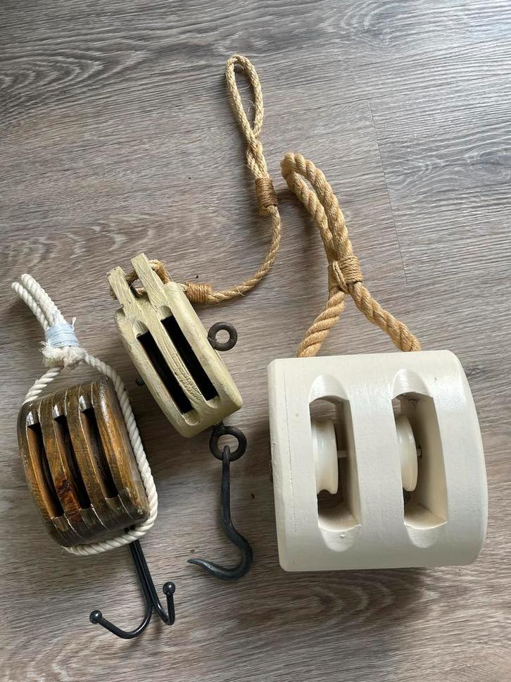 Set van 3 decoratieve sier scheeps katrollen, Huis en Inrichting, Woonaccessoires | Overige, Zo goed als nieuw, Ophalen of Verzenden