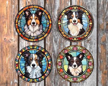 Border Collie Glas in Lood onderzetters met houder rond beschikbaar voor biedingen