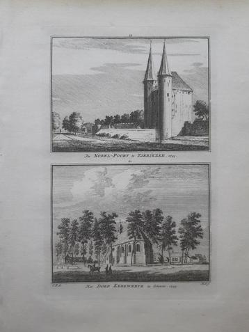 59-60*/ Nobelpoort Zierikzee en dorp Kerkwerve gravure 1754 beschikbaar voor biedingen