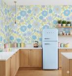 13925 Goovy 70s groots oud blauwe bloemenprint behang swiet, Huis en Inrichting, Verzenden, Minder dan 10 m², Wit