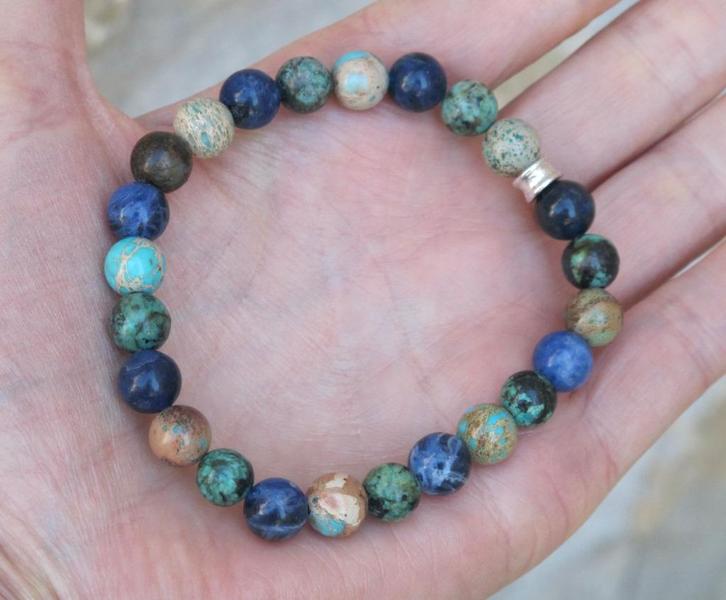 Herenarmband met Afrikaans turquoise, Sodaliet en Jaspis, Sieraden, Tassen en Uiterlijk, Armbanden, Nieuw, Elastiek, Blauw, Met edelsteen