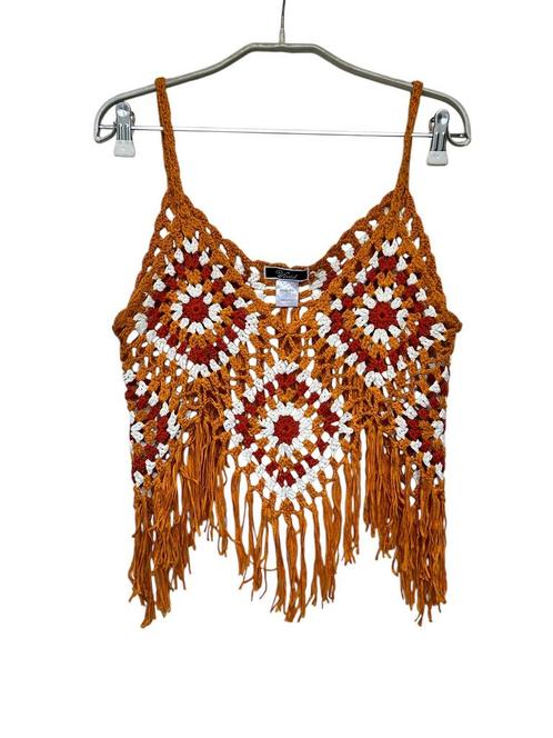 Vintage Top Maat L Oranje Rood Wit Franjes Gehaakt Boho, Kleding | Dames, Tops, Zo goed als nieuw, Maat 42/44 (L), Oranje, Zonder mouw