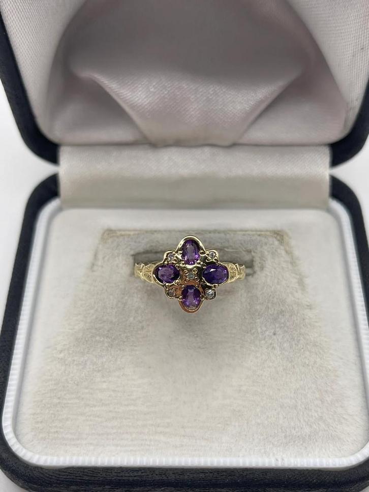 Vintage 9 karaat Amethist en diamant, Sieraden, Tassen en Uiterlijk, Ringen, Zo goed als nieuw, Dame, Kleiner dan 17, Paars, Goud