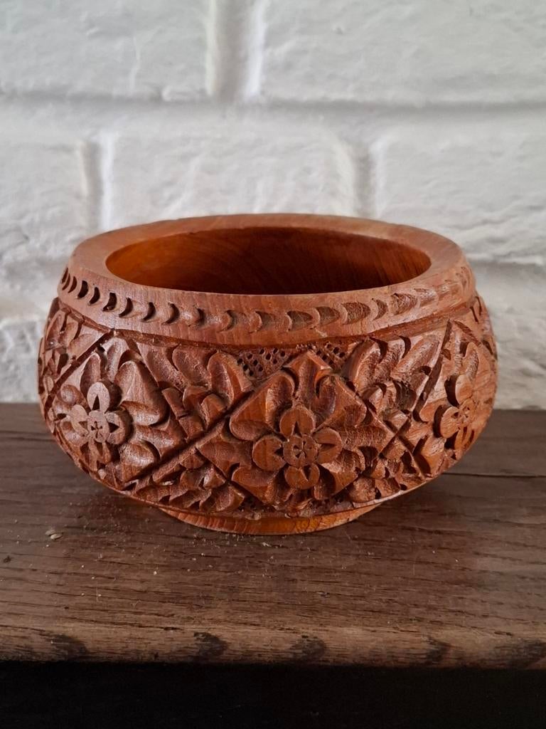 Vintage houtsnijwerk teakhouten schaal. Thailand. H 8 cm., Ophalen of Verzenden