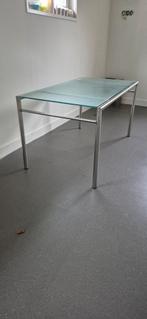 Glazen eettafel met RVS onderstel, Huis en Inrichting, Ophalen, Rechthoekig, 100 tot 150 cm, 50 tot 100 cm
