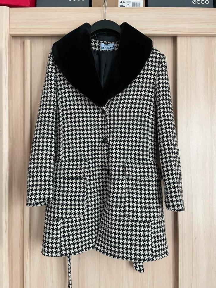 mantel jas wollen winterjas pied de poule zwart wit 38 M, Kleding | Dames, Jassen | Winter, Gedragen, Maat 38/40 (M), Zwart, Ophalen of Verzenden