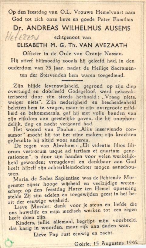 Ausems Andreas Wilhelmus 1871 Heteren-1946 Goirle, Verzamelen, Ophalen of Verzenden, Bidprentje