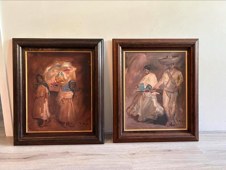 Twee gesigneerde Mexicaanse olieverfschilderijen, Antiek en Kunst, Kunst | Schilderijen | Klassiek, Ophalen of Verzenden