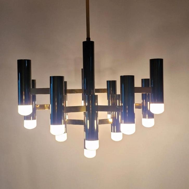 Vintage jaren 70 black gunmetal Sciolari kroonluchter, Huis en Inrichting, Lampen | Kroonluchters, Zo goed als nieuw, Metaal, Ophalen of Verzenden