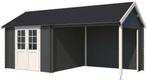Showmodel blokhut met overkapping Fraya, Carbon grijs-wit 57, Tuin en Terras, Tuinhuizen, Info@outdoorlifegroup.nl, Blokhut, 1 raam